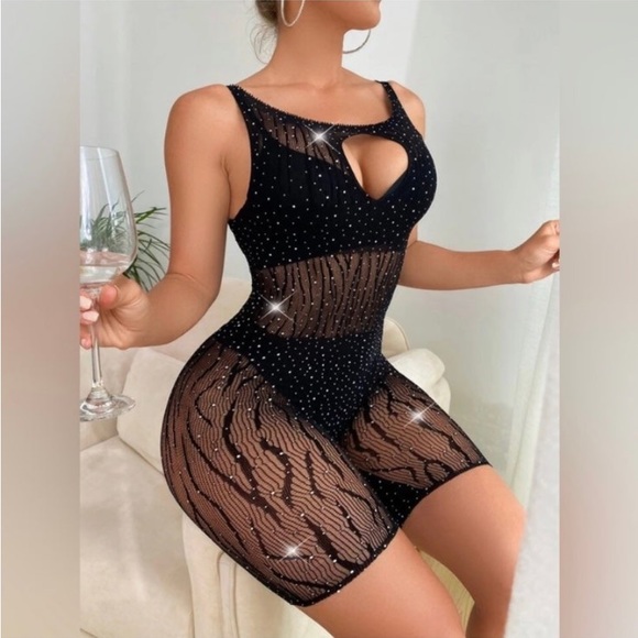 BLACK MESH RHINESTONE BODYSTOCKING BODYSUIT ROMPER LINGERIE - Picture 3 of 8